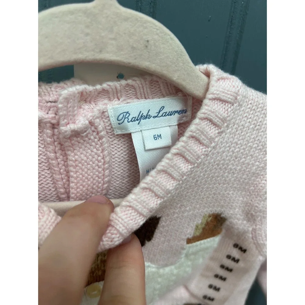 Ralph Lauren Pink Polo Bear Cotton Knit Sweater Baby Girls 6M NWT